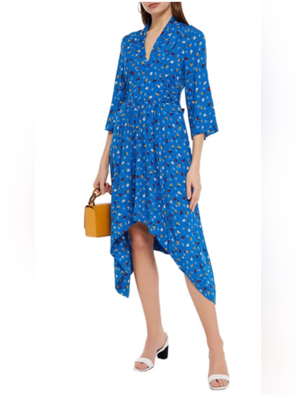 BA&SH Lilia Gathered Floral Print Crepe Midi Dress in Azure Blue Floral M $395
